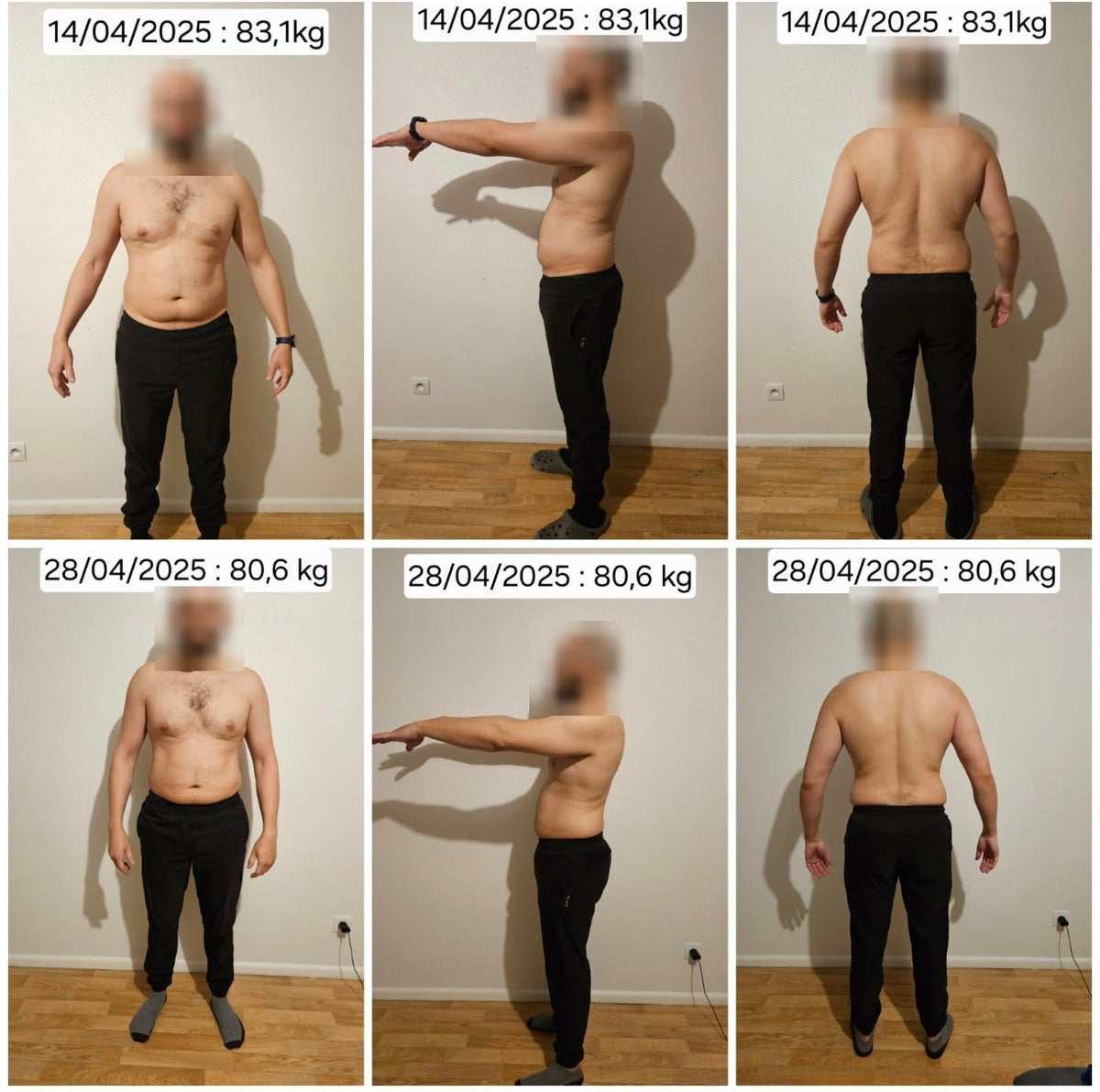 Photos avant/après de face, de profil et de dos d'un client après 2 semaines du programme perte de poids Nouvelle Version, visage flouté